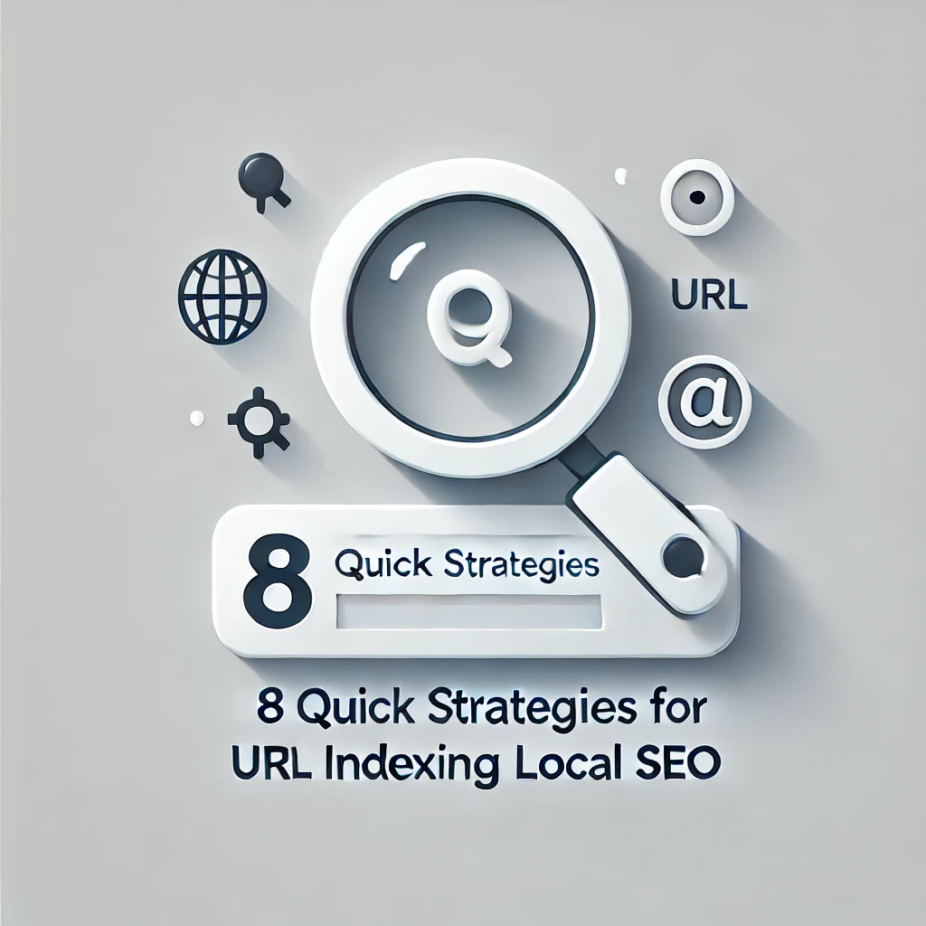 A simple feature image with a search bar, magnifying glass, and URL icon, highlighting the topic "8 Quick Strategies for URL Indexing Local SEO" in a clean, modern design.