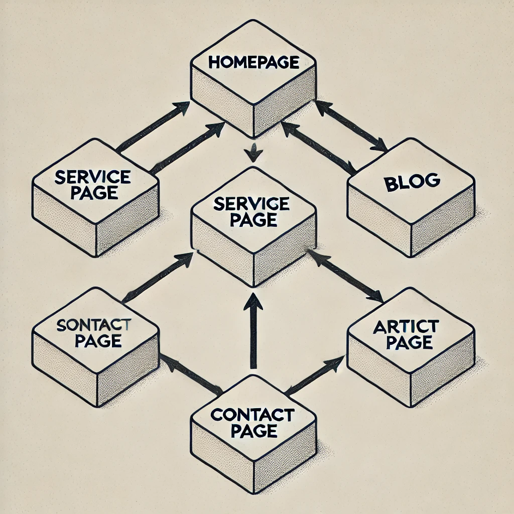 Internal Linking Structure for SEO Optimization A simple internal linking diagram with a homepage linking to service, blog, and contact pages, branching into city pages and articles.