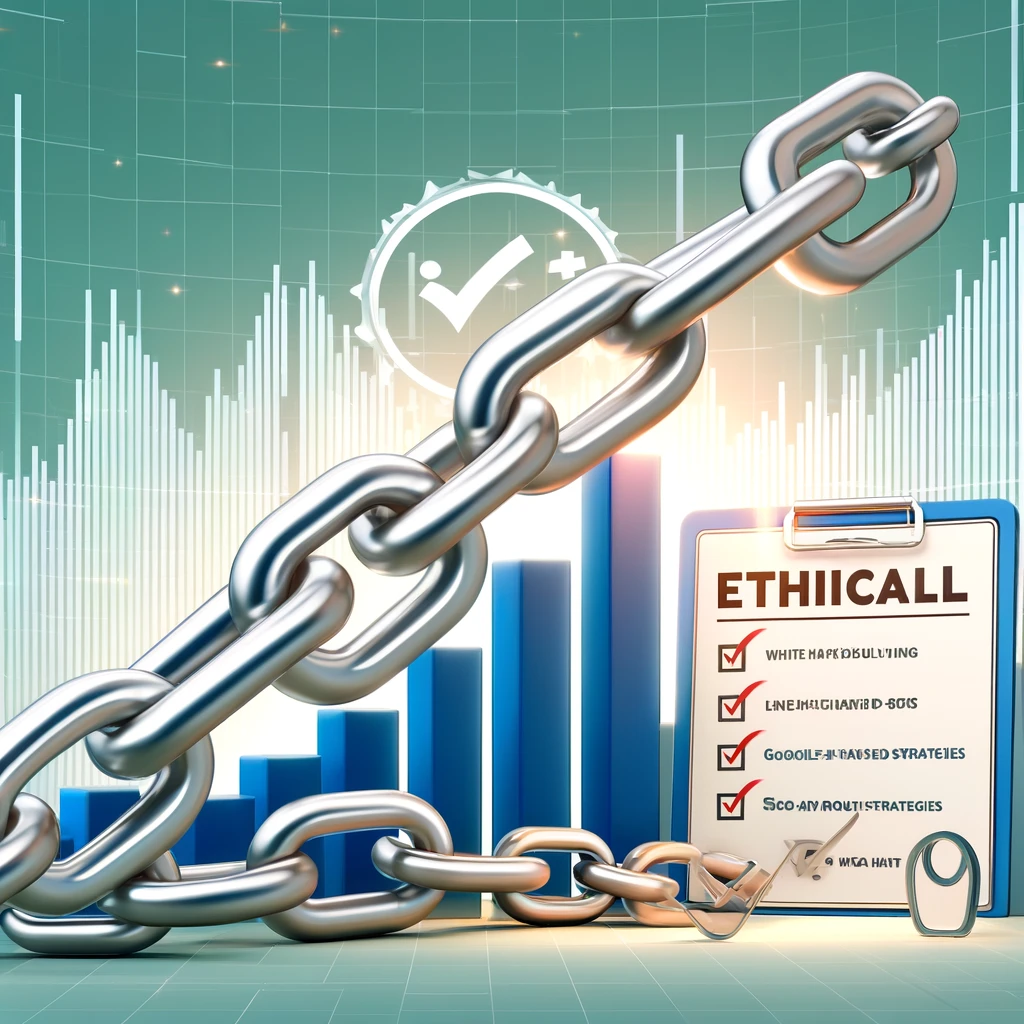 A visually appealing illustration showing ethical (White Hat) link-building strategies, featuring a strong chain of interconnected links, a checklist labeled "Google-Approved Strategies," and an upward-trending SEO growth graph.