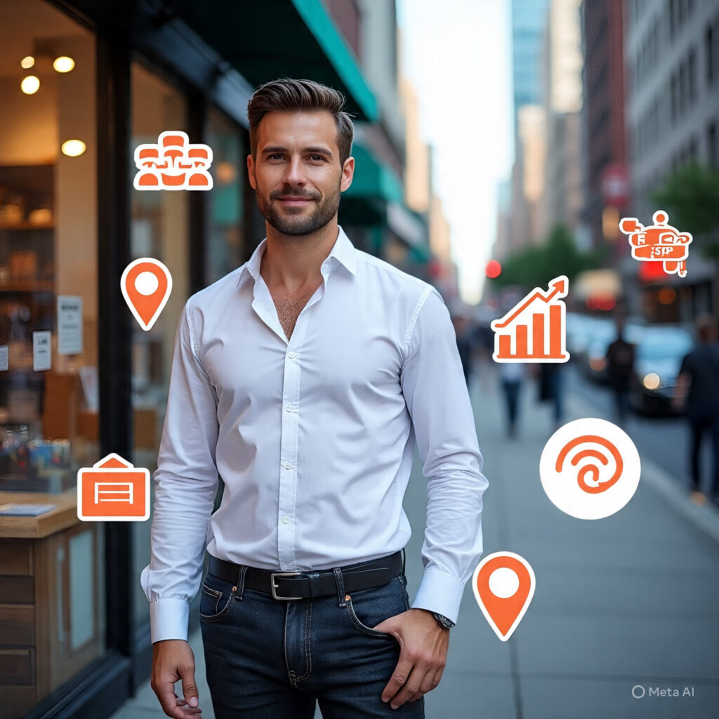 Professional local business owner standing outside their shop with digital marketing icons and Chicago city skyline in the background. use Search Engine Optimization service