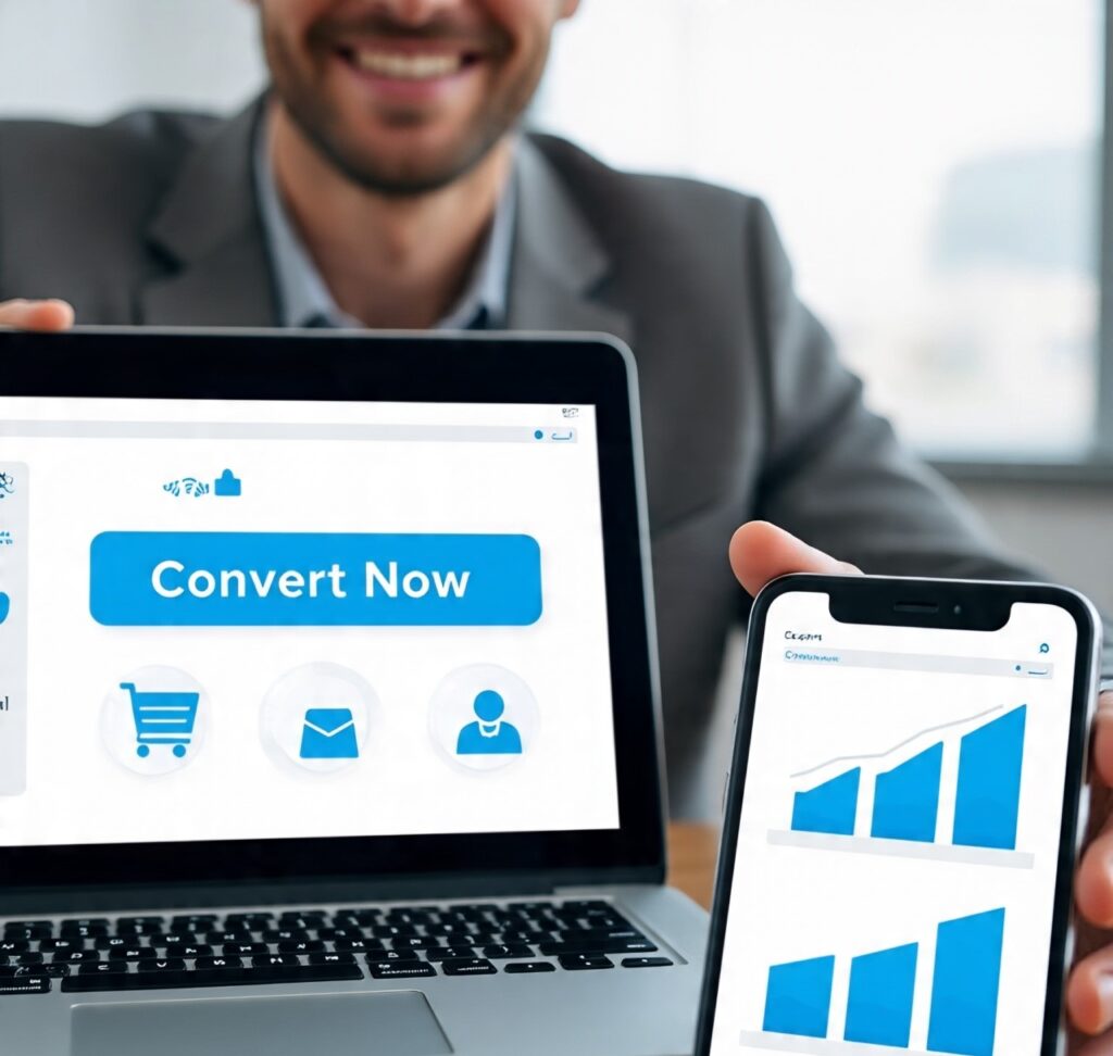 "Business owner improving conversions using Garage2Global with website dashboard, CTAs, and customer journey graphics on screen