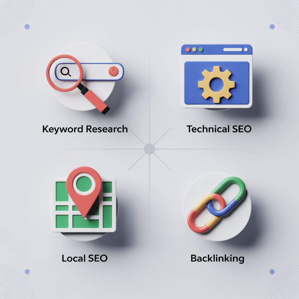 “Infographic showing Garage2Global’s top SEO services including keyword research and local SEO