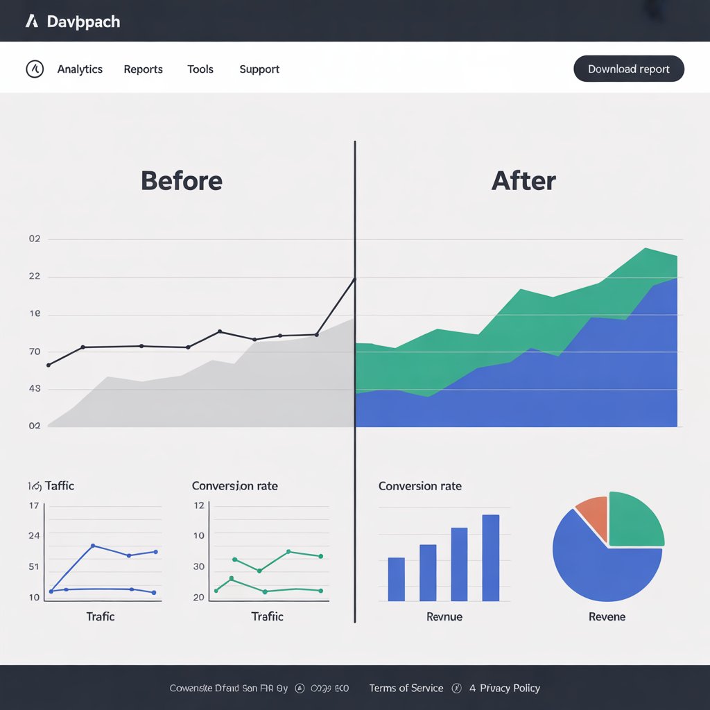Visual case studies, Stewart Vickers showing major SEO improvements in traffic, conversions, and revenue.