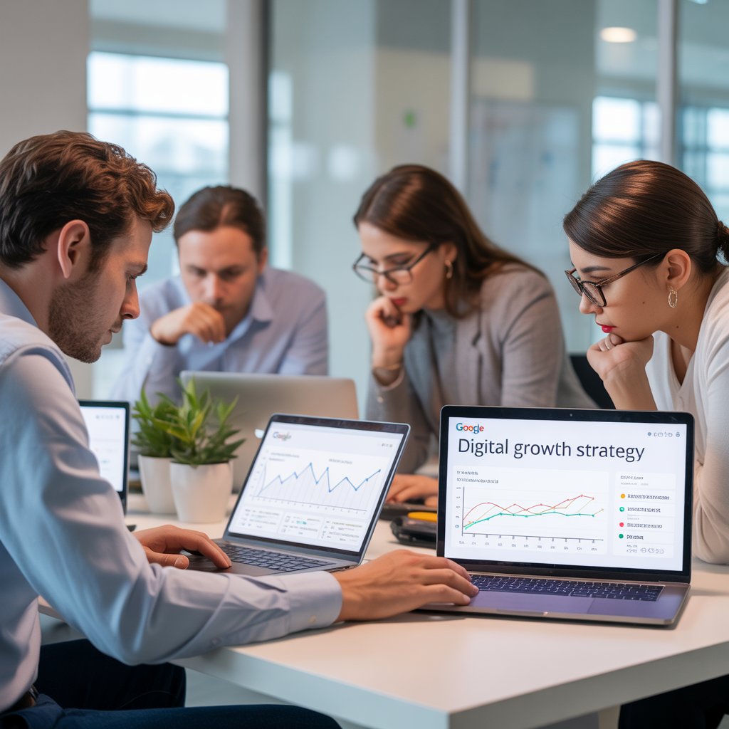 SEO experts at Garage2Global analyzing rankings and traffic data