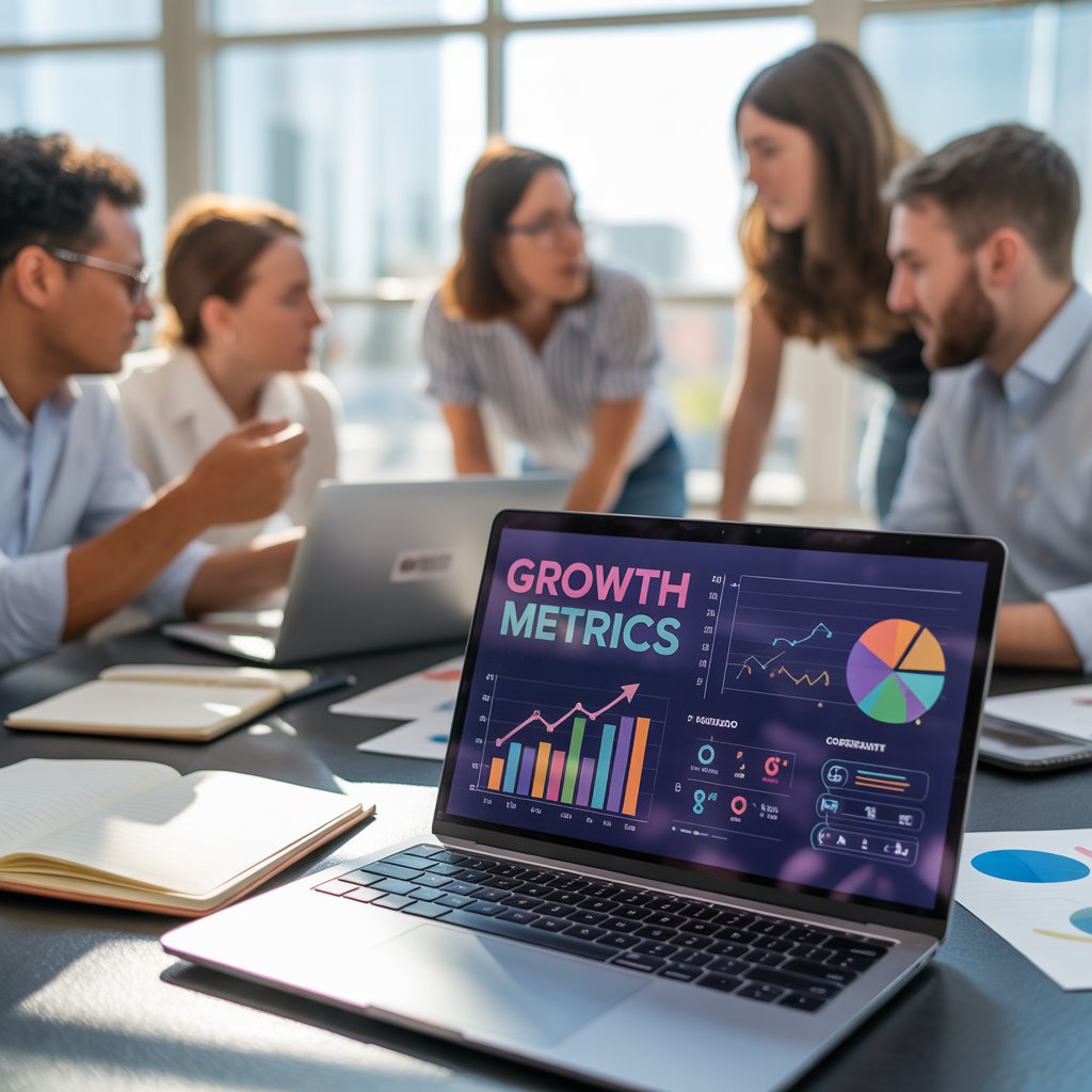 A diverse team of professionals collaborating in a modern digital workspace, with a laptop screen showing marketing performance metrics and growth charts, symbolizing global digital growth and startup success
