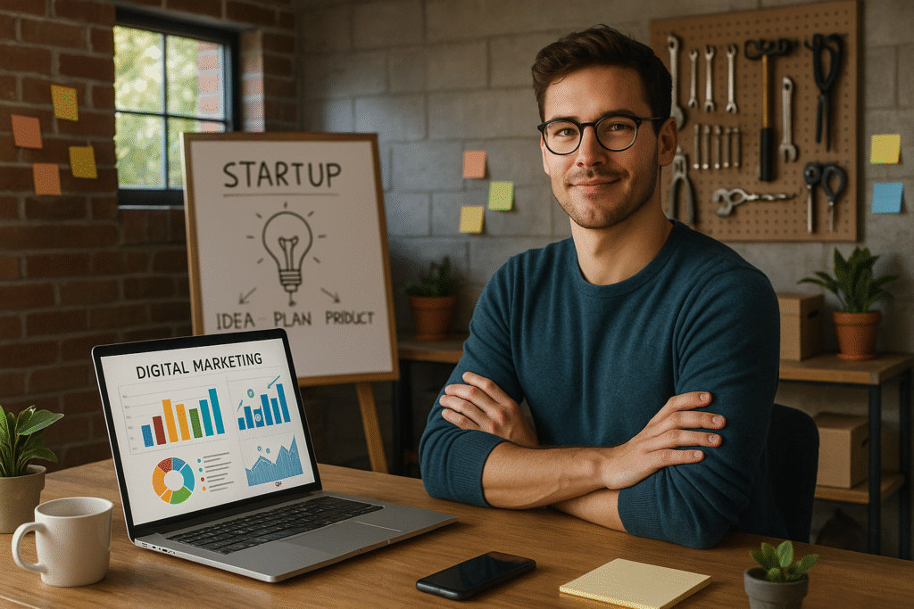 Startup founder working in a garage office on a laptop, analyzing digital marketing dashboards with SEO graphs and social media icons, surrounded by whiteboards and sticky notes—representing affordable digital marketing with Garage2Global.